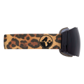 The STORM by NAKED Optics features a leopard print ski goggle strap, a black lens, and a round black logo on the side. Its Skibrille sphärisch design and advanced Anti-Fog-Beschichtung ensure clear vision on the slopes.