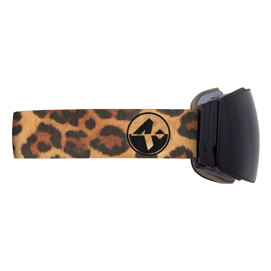 The STORM by NAKED Optics features a leopard print ski goggle strap, a black lens, and a round black logo on the side. Its Skibrille sphärisch design and advanced Anti-Fog-Beschichtung ensure clear vision on the slopes.