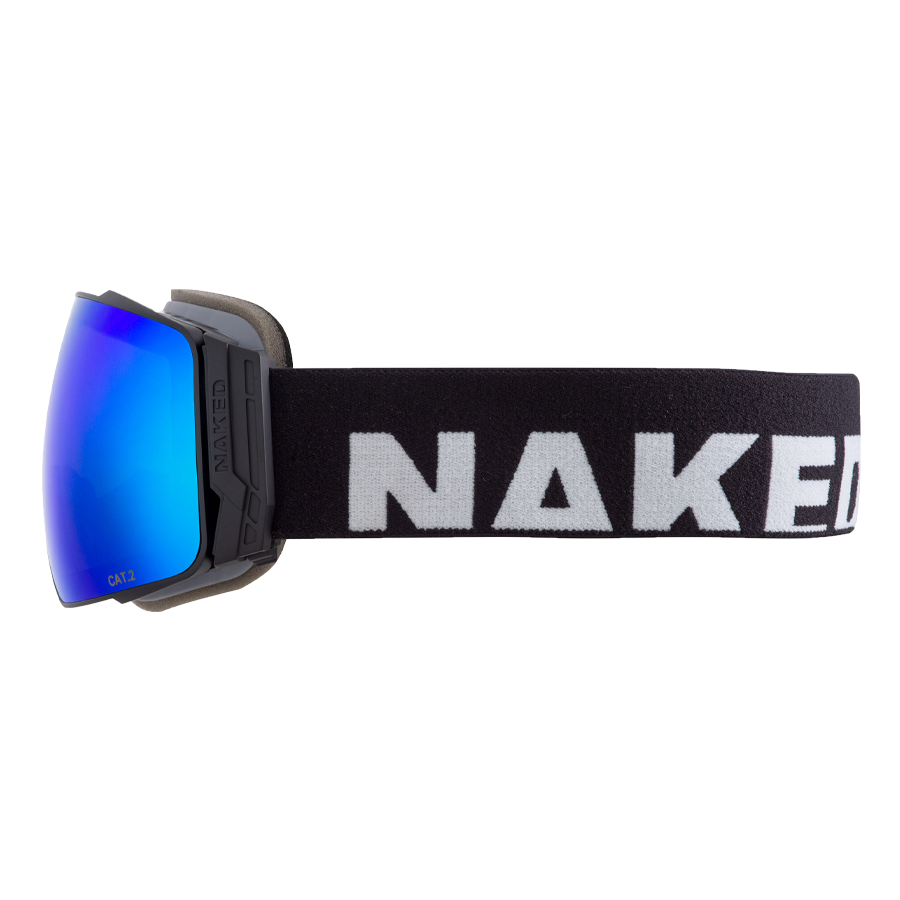 The STORM by NAKED Optics are ski goggles with blue lenses and a black strap emblazoned with the word “NAKED” in bold white letters. These Skibrille sphärisch feature an advanced Anti-Fog-Beschichtung for crystal-clear vision on the slopes.