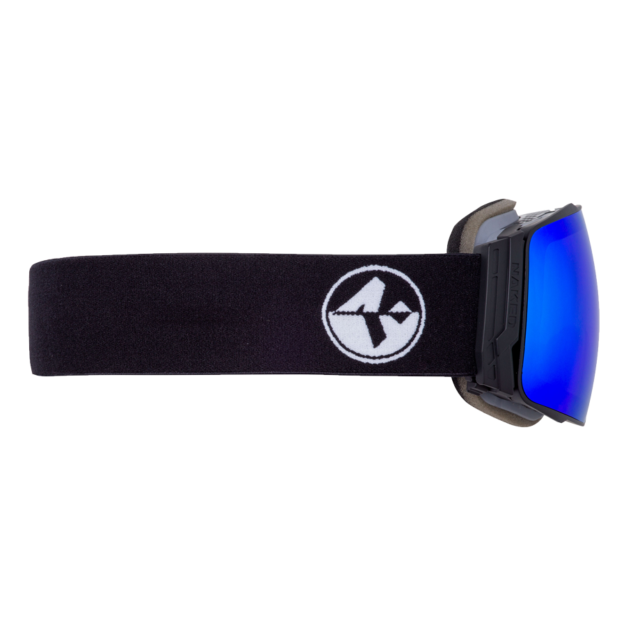 Black STORM ski goggles by NAKED Optics with a white logo strap and blue reflective lens, shown from the side. These sphärisch Skibrille feature an innovative Magnetwechselsystem for easy lens changes and a durable Anti-Fog-Beschichtung to ensure clear vision on the slopes.