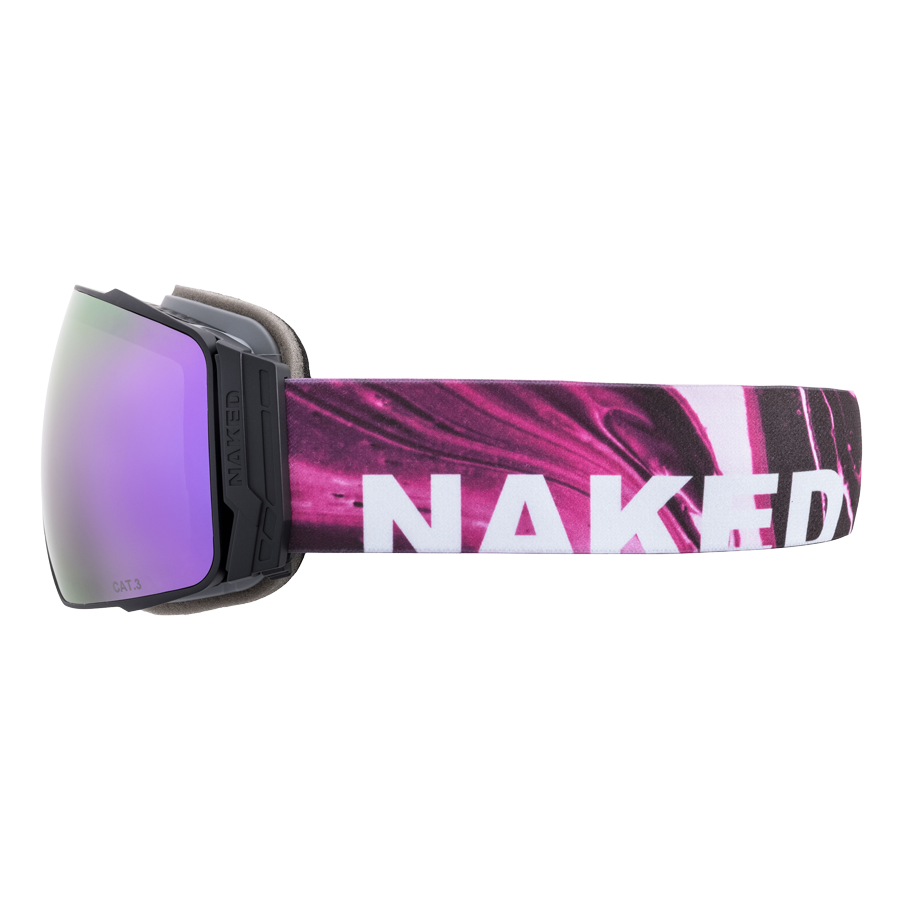The STORM ski goggles by NAKED Optics feature a purple lens and a pink-and-white strap with the NAKED logo, shown against a plain background. Their sphärisch (spherical) design offers wider peripheral vision.