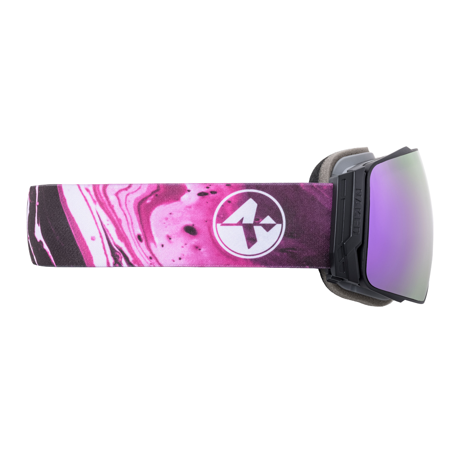 The STORM ski goggles by NAKED Optics feature a marbled strap design with a white circular logo on the side, showcased in profile. Equipped with a skibrille sphärisch lens and advanced Anti-Fog-Beschichtung, these goggles provide clear vision even in challenging conditions.