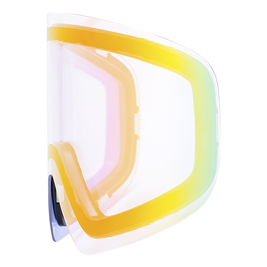Ein transparentes, gewölbtes Visier mit einem gelb und regenbogenfarben getönten Rand, von der Seite betrachtet, mit dem NAKED Optics Ersatzglas TROOP (Modell 2017), ergänzt durch das innovative SnapTech-Magnetsystem für müheloses Anbringen.