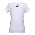 Le t-shirt « Bicolor-Logo » de NAKED Optics est un t-shirt blanc à manches courtes, vu de dos, orné d'un petit logo circulaire NAKED Optics en noir et blanc près du col. Confectionné en coton bio doux, il allie confort et durabilité.