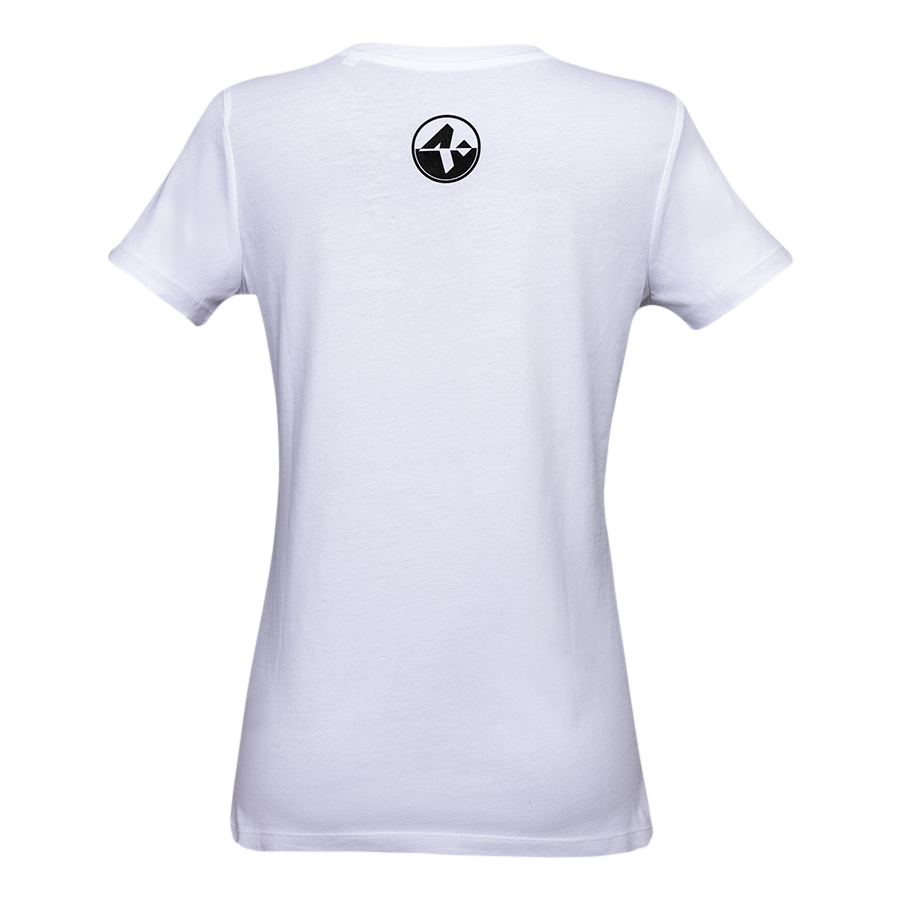 The T-Shirt Snowboarding Girl by NAKED Optics is shown from the back in white with a small black and white circular logo near the neckline. Hergestellt aus Bio-Baumwolle und gedruckt in Salzburg.