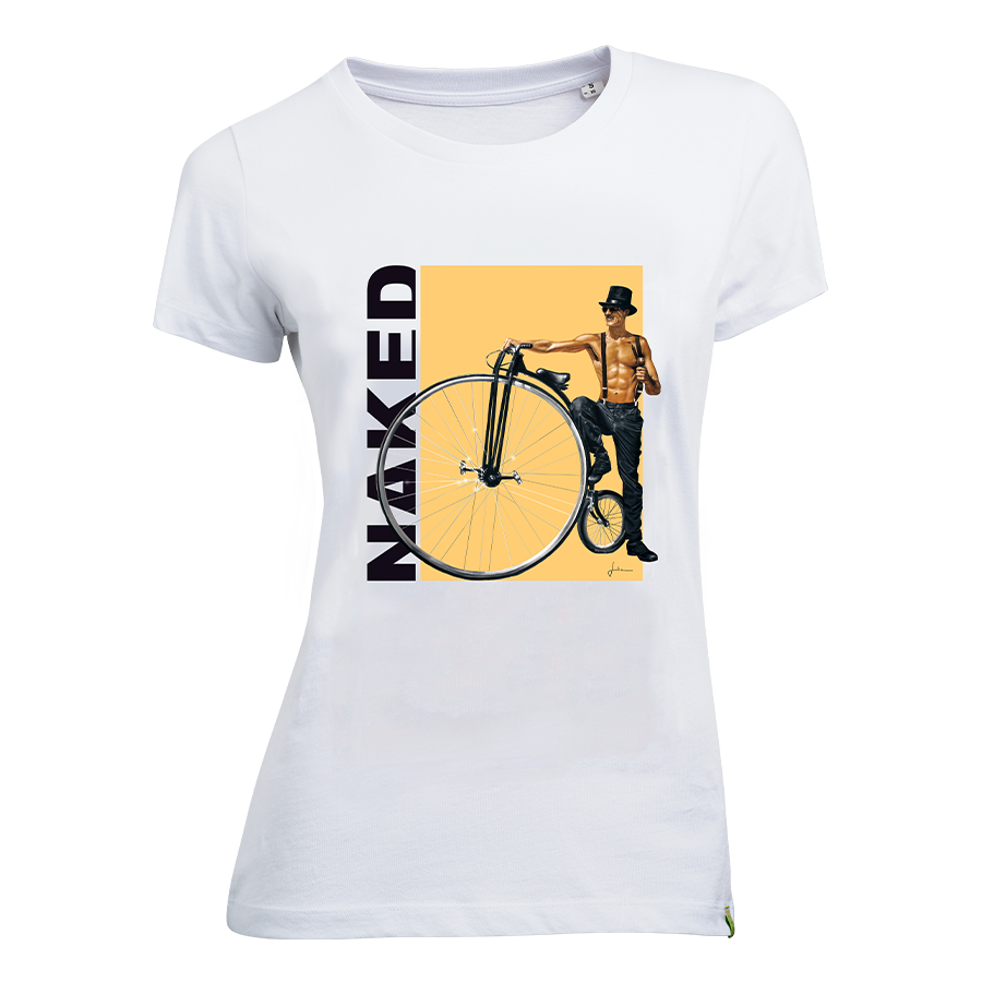 La maglietta “High-Wheeler” di NAKED Optics presenta un design accattivante che raffigura un uomo a torso nudo con un cilindro in piedi accanto a una bicicletta d’epoca, con la scritta “NAKED”. Ispirata a Stevie Schneider e realizzata in cotone biologico Fair Wear, questa maglietta esclusiva offre comfort e sostenibilità.