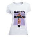 A woman in a striped swimsuit and rollerblades holds a skateboard, with the NAKED Optics logo above on a white T-Shirt Snowboarding Girl. This unique shirt is printed in Salzburg on soft organic cotton.
