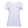 T-shirt bicolore avec logo de la marque NAKED Optics, confectionné en coton biologique, arborant l'inscription « NAKED Optics » en rose et rouge sur la partie supérieure gauche de la poitrine, sur fond uni.