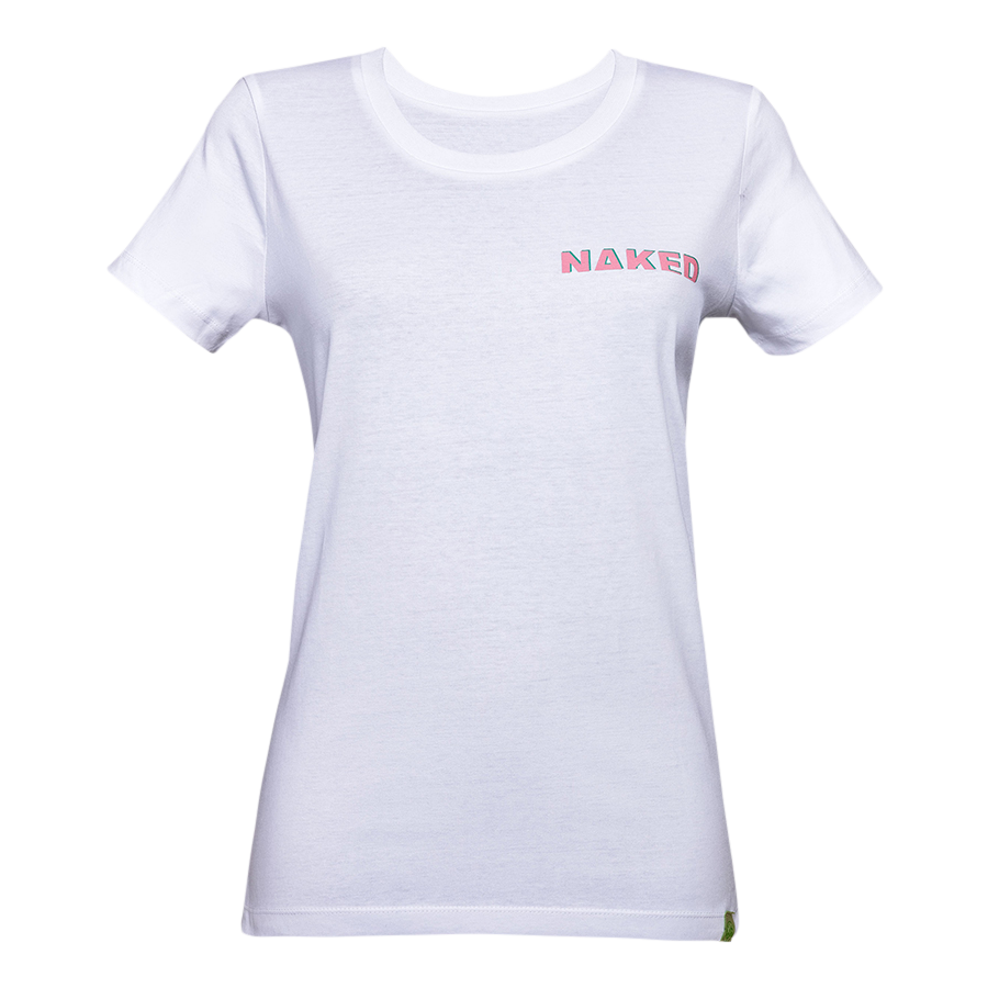 T-shirt bicolore avec logo de la marque NAKED Optics, confectionné en coton biologique, arborant l'inscription « NAKED Optics » en rose et rouge sur la partie supérieure gauche de la poitrine, sur fond uni.