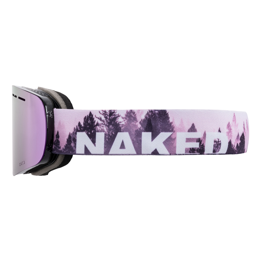 I modelli TROOP Youth di NAKED Optics sono occhiali da sci rosa con lenti a specchio, un motivo che richiama il bosco e la scritta NAKED in bianco ben visibile sul cinturino. Dotati di un efficace rivestimento antiappannamento, questi piccoli occhiali da sci sono ideali per i giovani che cercano sia stile che una visione nitida sulle piste.