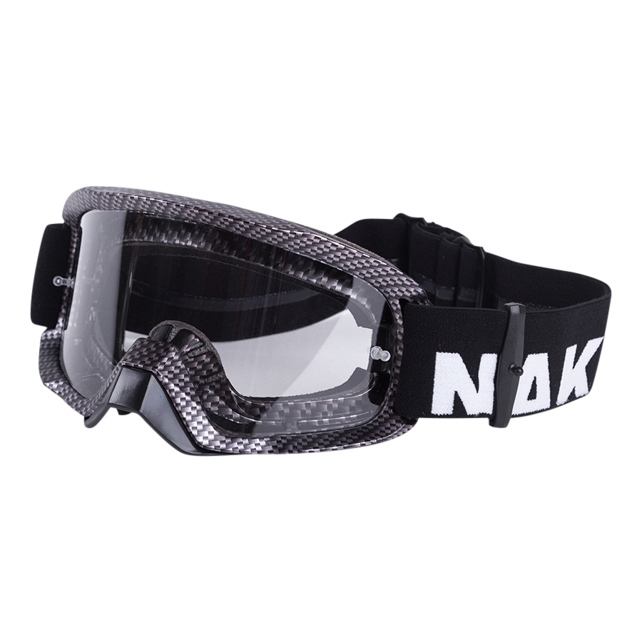 The RIFT by NAKED Optics are black and gray sports goggles with a clear anti-fog glass lens and an adjustable black strap featuring white text on the side, ideal for use as Motocross Brille or Downhill Brille.