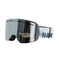 The TROOP Youth by NAKED Optics are gray ski goggles featuring a reflective lens and a white strap with blue text and mountain graphics. Designed in a rahmenloses Design for a sleek, modern look, these kleine Skibrille or Skibrille für Jugendliche offer both comfort and style on the slopes.