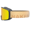 Il modello SOLAR di NAKED Optics presenta lenti gialle e un cinturino color cuoio con la scritta “NAKED” in caratteri in grassetto. Questa maschera da sci compatta è stata progettata appositamente per i visi più piccoli, rendendola la scelta perfetta per le donne che cercano stile e comfort sulle piste.