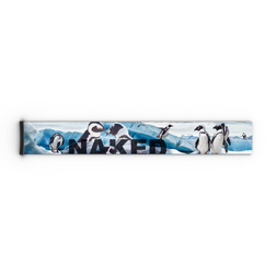 Eine rechteckige Verpackung mit abgebildeten Pinguinen und dem teilweise sichtbaren Wort „NAKED“, die an die verspielte Ästhetik erinnert, die häufig bei den NAKED Optics Extra Strap - FORCE EVO, TROOP EVO, STORM, NOVA, SOLAR, ZEND (45 mm) Accessoires zu finden ist.