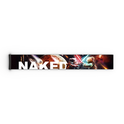 Zwei Astronauten mit Lichtschwertern duellieren sich im Weltraum, ihre NAKED Optics Extra Straps (FORCE EVO, TROOP EVO, STORM, NOVA, SOLAR, ZEND – 45 mm) glänzen unter fernen Sternen; das Wort „NAKED“ erscheint in fetten weißen Buchstaben.