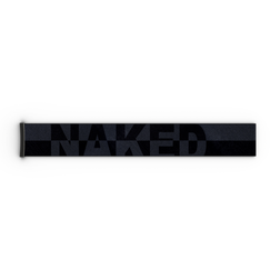 Ein flach ausgebreiteter, dunkel gestreifter Schal, auf dem in der Mitte das Wort „NAKED“ zu sehen ist – eine Anspielung auf das markante Design des NAKED Optics Extra Strap – FORCE EVO, TROOP EVO, STORM, NOVA, SOLAR, ZEND (45 mm).