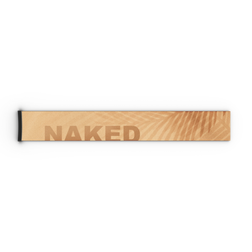 Ein hellbraunes, rechteckiges Objekt mit dem NAKED Optics-Logo und dem Schatten eines Palmblatts vor weißem Hintergrund, das an das schlanke Design des Extra Strap – FORCE EVO, TROOP EVO, STORM, NOVA, SOLAR, ZEND (45 mm) von NAKED Optics erinnert.