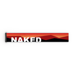 Ein Vape-Pen im rot-schwarz-orangefarbenen Design mit dem Schriftzug „NAKED“ in fetten weißen Buchstaben, inspiriert vom markanten Look des NAKED Optics Extra Strap (FORCE EVO, TROOP EVO, STORM, NOVA, SOLAR, ZEND 45 mm) für eine elegante und moderne Optik.