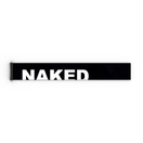 Ein schwarzes, rechteckiges Objekt mit der auffälligen weißen Aufschrift „NAKED“ auf der Oberfläche, das dem hochwertigen Extra Strap (45 mm) für die Skibrillen FORCE EVO, TROOP EVO, STORM, NOVA, SOLAR und ZEND von NAKED Optics ähnelt.