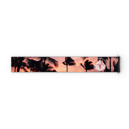 Vor dem Hintergrund eines rosafarbenen Sonnenuntergangs, der von Palmen umrahmt wird, ziert ein weißes, kreisförmiges Logo die rechte Seite und greift die elegante Ästhetik des „Extra Strap“ von NAKED Optics auf (kompatibel mit FORCE EVO, TROOP EVO, STORM, NOVA, SOLAR, ZEND – 45 mm) und den kühnen Charakter des FORCE EVO Skibrillenbands einfängt.