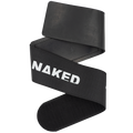 Schwarzer, elastischer Skigurt (Skifix) von NAKED Optics mit dem Aufdruck „NAKED“ in weißen Buchstaben und einem Ende mit Klettverschluss (Klettband), abgebildet auf weißem Hintergrund – ideal zum Befestigen von All-Mountain-Skiern.