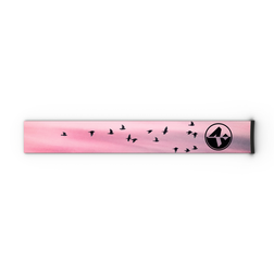 Ein rechteckiges Extra-Armband (45 mm) für die Modelle FORCE EVO, TROOP EVO, STORM, NOVA, SOLAR oder ZEND von NAKED Optics mit fliegenden Vögeln vor einem rosa Himmelshintergrund und einem kreisförmigen NAKED Optics-Logo am rechten Ende.
