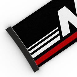 Schwarzes Skibrillenband von NAKED Optics mit drei weißen Streifen, einem roten Streifen und teilweiser weißer Beschriftung auf schwarzem Hintergrund. Dieses 45-mm-Ersatzband ist kompatibel mit den Modellen FORCE EVO, TROOP EVO, STORM, NOVA, SOLAR und ZEND.