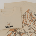 Two beige T-Shirt Snow-Love tees by NAKED Optics, crafted from Bio-Baumwolle: one displays a bold “NAKED” logo with art tools, while the other features a stylized winged figure graphic. Ideal for anyone who appreciates unique backprint designs.