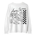 The Langarm Shirt - Apres by NAKED Optics is a white long-sleeve shirt crafted from soft bio-cotton, featuring Après Ski text, playful ski and party-themed sketches, and a bold Party Back Print with a black checkered pattern.