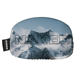 Snowy mountain peaks shrouded in clouds, with the word “NAKED” in bold outline across the image. A sleek black tag on the left highlights this unique Skibrillen Schutz (Überzieher) from NAKED Optics, providing both style and protection for your goggles.