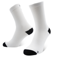 Pair of white Bikesocken Lite crew socks by NAKED Optics, featuring black toes and heels, displayed on a plain white background.