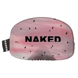 Rosa und graue Badekappe mit schwarzem "NAKED"-Schriftzug und fliegenden Vogelsilhouetten, ideal für Fans von NAKED Optics.