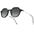 The IZZY by NAKED Optics is a black, round Sonnenbrille with thin silver arms, an elegant Acetat Rahmen, and dark gradient lenses with reliable UV400-Schutz, displayed on a white background.