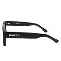 Black eyeglass frames from NAKED Optics, called The AURA, featuring a retro design and “NAKED” written in white on the side, displayed on a white background.