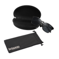 The LUX by NAKED Optics is a black Sonnenbrille featuring a lightweight TR90 Rahmen, and comes with both a hard case and a soft pouch labeled NAKED, all showcased on a clean white background.