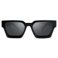 The AURA by NAKED Optics: a black rectangular Sonnenbrille with thick frames and dark, polarisierte Gläser displayed on a plain white background, featuring a subtle Retro-Design for timeless style.