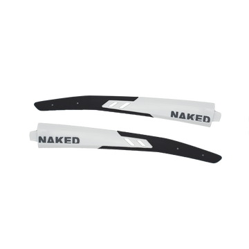 Zwei weiße und schwarze Fahrradschutzbleche der Marke NAKED Optics, ideal für Radfahrer, die sowohl Stil als auch Leistung suchen - so wie Sie die perfekte Ersatzbügel Sportbrille für Ihre Fahrt auswählen würden.