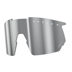 Silber verspiegelte Radsport-Sportbrille von NAKED Optics mit UV-Schutz, mit OPTICS und CAT.3 Text oben rechts.