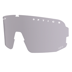 Eine einzelne rahmenlose, verspiegelte NAKED Optics Sportbrille mit der Aufschrift OPTICS" und CAT.0" am oberen Rand bietet stilvollen UV-Schutz für Ihre Augen.