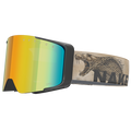 The ZEND by NAKED Optics are yellow-mirrored ski goggles with a black frame and a strap featuring a snake illustration and NAKE text, designed as versatile Downhill Brille with magnetische Wechselgläser for easy lens changes.