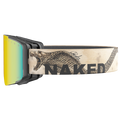 The ZEND snow goggles by NAKED Optics feature a yellow lens and a distinctive strap adorned with a snake illustration and the bold word “NAKED.” These stylish Downhill Brille are ideal for both snow sports and MTB adventures. Designed with magnetische Wechselgläser, The ZEND allows for quick and easy lens changes to adapt to any condition.