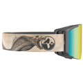 The ZEND by NAKED Optics are snow goggles featuring a yellow-blue lens and a strap adorned with a detailed snake illustration and logo. These stylish Downhill Brille are designed for versatility, delivering the high performance expected from premium MTB Brille. With magnetische Wechselgläser, The ZEND allows for quick and easy lens changes while on the mountain.