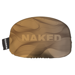Tan und braun gemusterte Schlafmaske von NAKED Optics mit "NAKED" in fetten Buchstaben auf der Vorderseite und einem von Goggle Sock und Skibrillenschutz inspirierten Design.