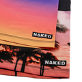 Two colorful, tropical-themed fabrics with palm tree prints and visible NAKED Optics branding—perfect for surfing or crafting your own The SHORE Boardshorts from 4-way stretch material.