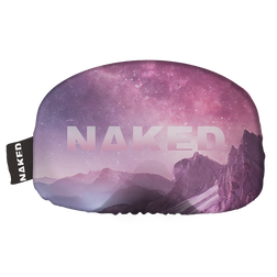 Skibrillen Schutz (Überzieher) by NAKED Optics featuring a striking purple mountain and starry sky design with the word “NAKED” in bold white lettering—an ideal and stylish way to protect your eyewear with flair.