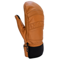 Beigefarbene Echtleder-Fäustlinge „The CRUZER EVO Mitten“ der Marke NAKED Optics mit schwarzem Stoffbund, aufwendigen Steppnähten und geprägtem Schriftzug auf der Rückseite, präsentiert vor weißem Hintergrund.