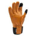 A pair of The CRUZER EVO Solo skihandschuhe by NAKED Optics, crafted from brown rindsleder with black fingertips and a black wrist strap labeled “NAKED,” displayed on a white background.