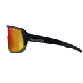 Side view of The VOLT Hero-Edition by NAKED Optics—sporty black sunglasses featuring orange reflective lenses and the signature NAKED branding on the arm, perfect as a mountain bike Brille inspired by Stevie Schneider.