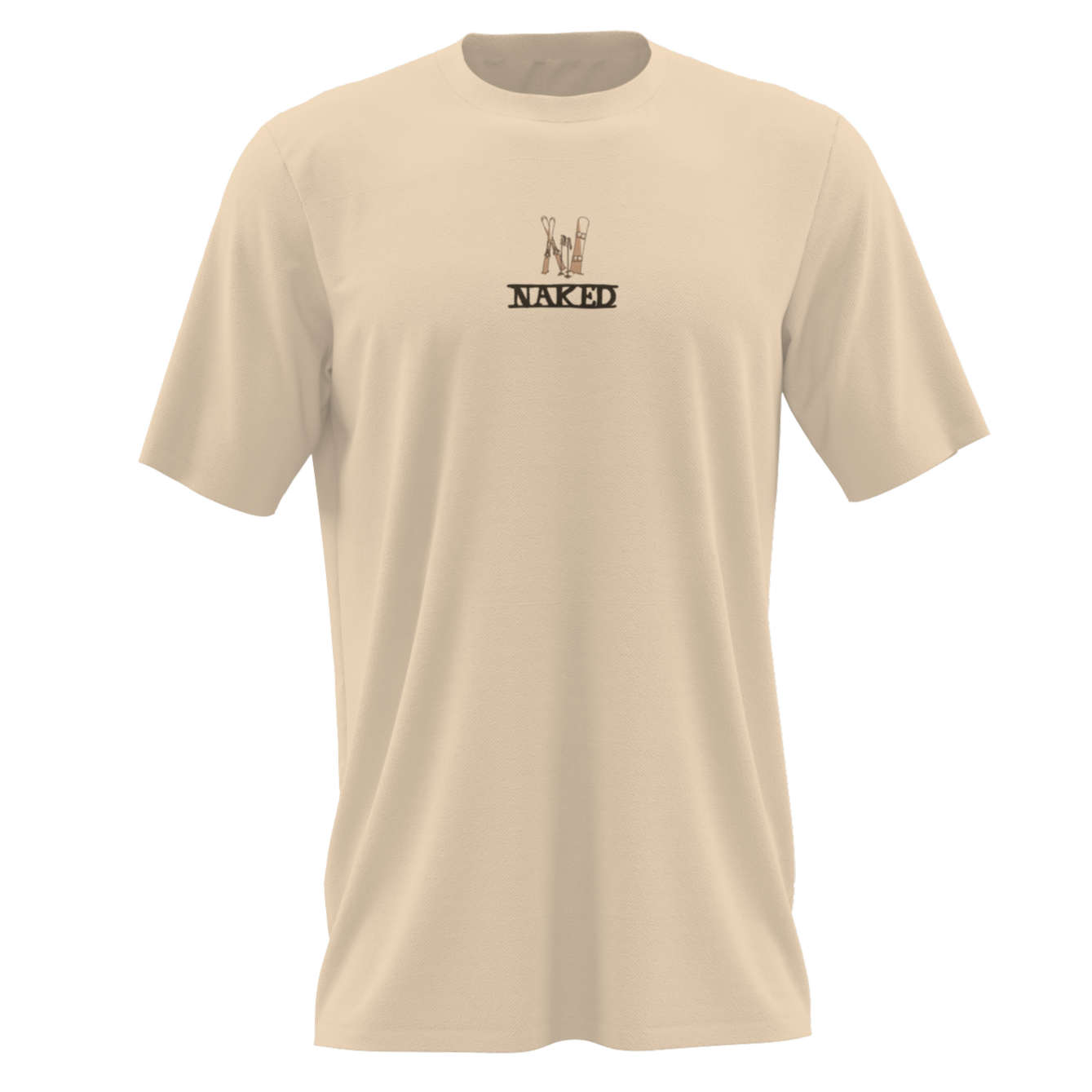 Beigefarbenes T-Shirt von NAKED Optics aus Bio-Baumwolle mit kleinem NAKED-Schriftzug, abstrakten Linien auf der Brust und dezentem Rückenprint.