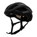 The DRAFT by NAKED Optics is a black matte aero road bike helmet featuring ventilation holes and adjustable chin straps for optimal aerodynamics and comfort, displayed against a plain white background.